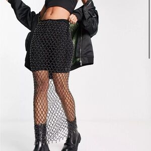 NWT brand Weekday ASOS Net beaded rhinestone midi skirt in silver xs over cover